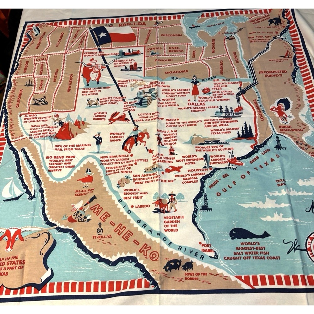 Moda Bigger in Texas Souvenir Map Tablecloth 52" x 52" Retro 50s Reproduction